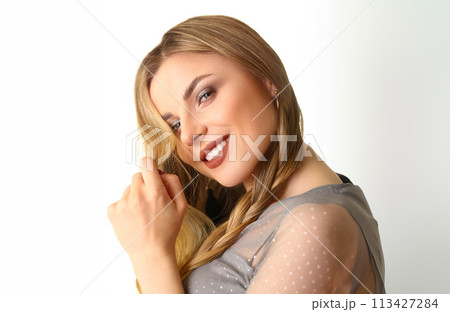 Portrait of beautiful blonde woman with makeup 113427284