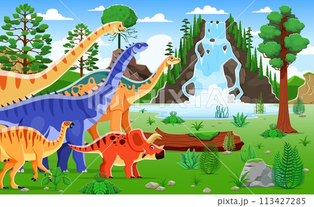 Cartoon dinosaur characters roam a vibrant prehistoric landscape, lush with towering ferns and cascading waterfall. Playful brachiosaurus and triceratops at the ancient world with colorful vegetation 113427285