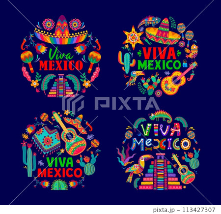 Viva Mexico round emblems with traditional Mexican items. Vector labels with sombrero hat, poncho, pyramid and jalapeno pepper. Maracas, cacti, guitar and toucan bird. Pinata, chameleon or flowers Viva Mexico round emblems with traditional Mexican items. Vector labels with sombrero hat, poncho, pyramid and jalapeno pepper. Maracas, cacti, guitar and toucan bird. Pinata, chameleon or flowers 113427307