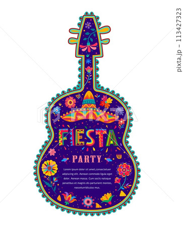 Mexican fiesta party flyer with guitar. Vector colorful holiday template with cartoon alebrije style sombrero hat and tropical flowers. Greeting card for traditional celebratory event of Mexico 113427323