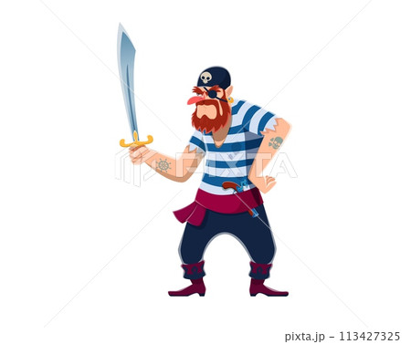 Cartoon pirate or corsair sailor character with saber sword, vector personage. Angry pirate filibuster or corsair with skull on bandanna, eyepatch and marine tattoos, Caribbean buccaneer character 113427325