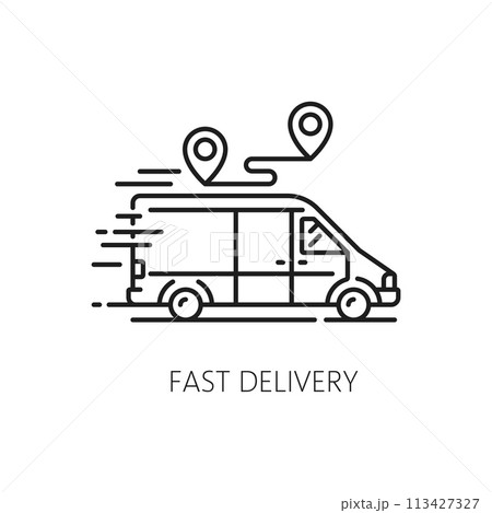 Fast delivery line icon, logistics of order and parcel shipping service, vector pictogram. Logistics supply chain and cargo service with fast delivery by express courier can in thin line icon Fast delivery line icon, logistics of order and parcel shipping service, vector pictogram. Logistics supply chain and cargo service with fast delivery by express courier can in thin line icon 113427327