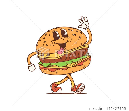 Cartoon retro cheeseburger groovy character waving hand and showing tongue. Isolated vector tasty burger fast food personage with wide smile, cheese, beef and lettuce exudes cool funky 60s or 70s vibe Cartoon retro cheeseburger groovy character waving hand and showing tongue. Isolated vector tasty burger fast food personage with wide smile, cheese, beef and lettuce exudes cool funky 60s or 70s vibe 113427366