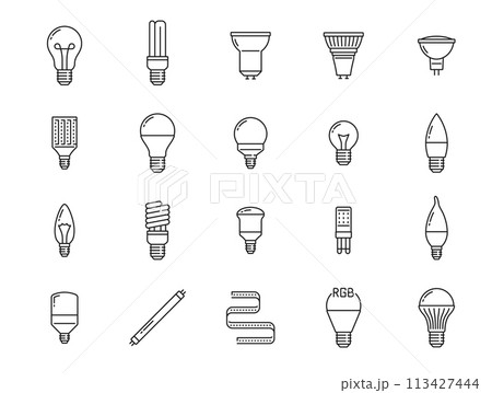 Light bulb and led lamp line icons. Isolated vector simple outline signs represent illumination technology. Thin line set of traditional and modern energy-efficient devices for lighting solutions 113427444