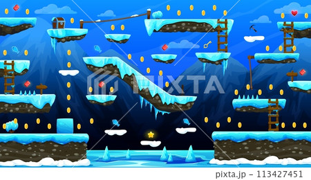 Arcade north frozen world game level map interface. Glaciers, ice platforms and stairs, bonuses and gems on game app world or environment background, platform videogame level design cartoon interface 113427451