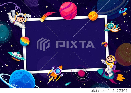 Galaxy space birthday photo frame background with cartoon kids astronaut characters, rockets and starry sky vector border. Spaceman and alien personages flying on spaceship and UFO in outer space 113427501