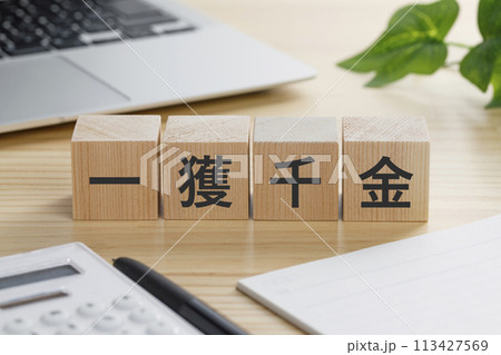 一獲千金と書かれた積み木のブロック 113427569