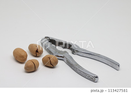 Pecan nuts and nutcracker, healthy product, healthy food. 113427581