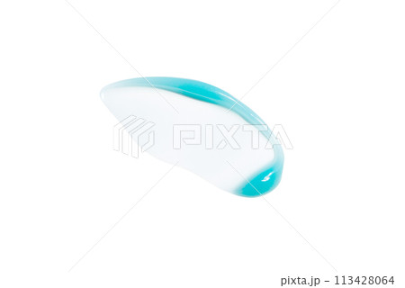 Translucent drop of liquid blue Hydration cream with hyaluron for moisturizing. Cosmetic smear of essence, serum close-up, for healthy glowing skin. Gel skin care product Cosmetic essence, skincare 113428064