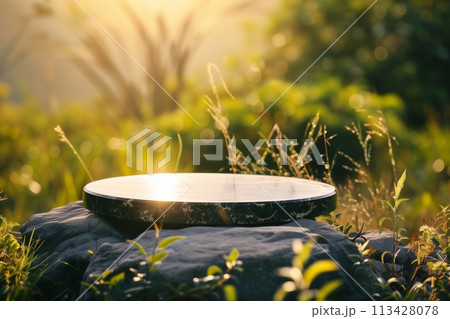 Textured stone podium, rock stand among green foliage and sun rays. Podium made of natural stone, rock in a natural setting in the open air with sunlight. esg concept 113428078