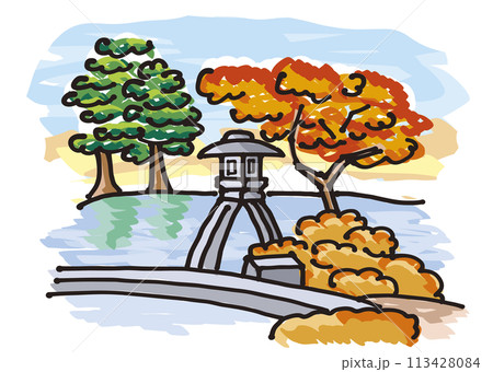 秋の兼六園（石川県）の手描き風イラスト 113428084
