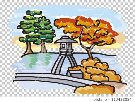 Hand-drawn illustration of Kenrokuen Garden (Ishikawa Prefecture) in autumn 113428084