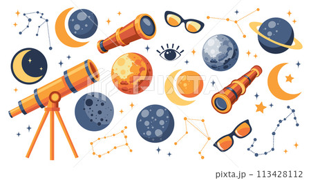 Solar eclipse set. Telescope, spyglass, planets, solar eclipse, moon, glasses. Cute illustration for kids education at school, stickers, scrapbooking, nursery room. Vector 113428112
