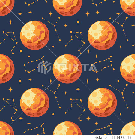 Seamless pattern, constellations, planet and solar eclipse Moon. Background for children, scrapbooking, children's room. Vector 113428113