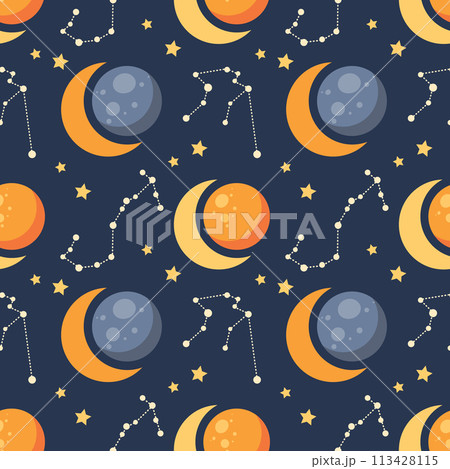 Seamless pattern, constellations, planet and solar eclipse Moon. Background for children, scrapbooking, children's room. Vector 113428115