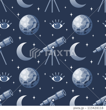 Seamless pattern, telescope, planet and solar eclipse Moon. Background for children, scrapbooking, children's room. Vector Seamless pattern, telescope, planet and solar eclipse Moon. Background for children, scrapbooking, children's room. Vector 113428118