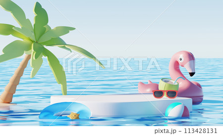 3D render, minimal Summer background with empty podium or pedestal platform for showing product, cosmetic scene for mock up, beach swim elements decoration. 113428131