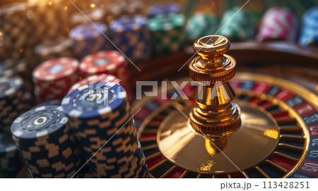 Stacks of Colorful Chips and Roulette Wheel in a Casino Setting Stacks of Colorful Chips and Roulette Wheel in a Casino Setting 113428251