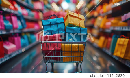 Shopping Cart Filled With Presents in a Store Shopping Cart Filled With Presents in a Store 113428294