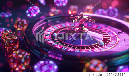 Close-Up View of a Roulette Wheel in a Vibrant Casino Setting at Night Close-Up View of a Roulette Wheel in a Vibrant Casino Setting at Night 113428312