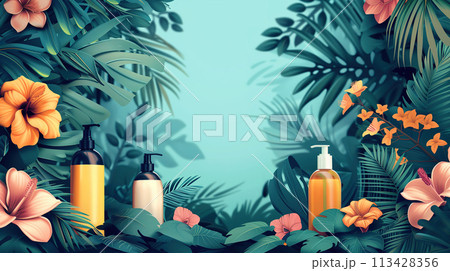 Bottles of Lotion Resting on Lush Green Jungle Bottles of Lotion Resting on Lush Green Jungle 113428356
