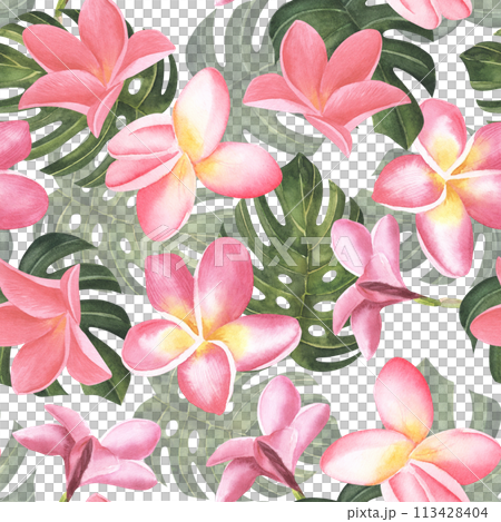 Seamless floral pattern pink plumeria flowers pastel background. Illustration watercolor hand drawing. For fabric print design texture. Black background Seamless floral pattern pink plumeria flowers pastel background. Illustration watercolor hand drawing. For fabric print design texture. Black background 113428404