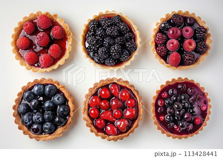 Differents Berry tartlets with curd cream. Delicious pastries. Ai generative 113428441