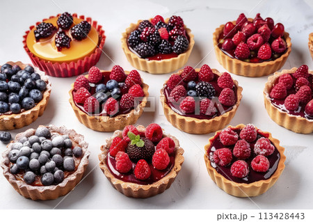 Differents Berry tartlets with curd cream. Delicious pastries. Ai generative 113428443