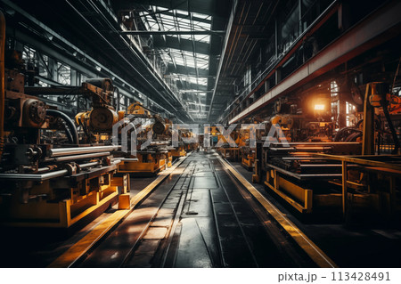 Production line at old dark factory 113428491