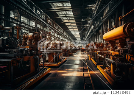 Production line at old dark factory 113428492