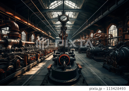 Production line at old dark factory 113428493