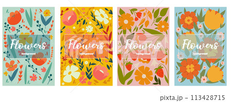 A set of floral backgrounds. Flower banners and posters. 113428715