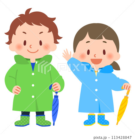 雨具を身につけた子供たち 雨具を身につけた子供たち 113428847