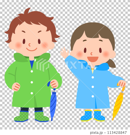 雨具を身につけた子供たち 雨具を身につけた子供たち 113428847