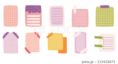 Paper sheets sticker collection for convenient note-taking and important date recording for creative journaling, functional and decorative memo stickers. Cute bright colors. 113428873