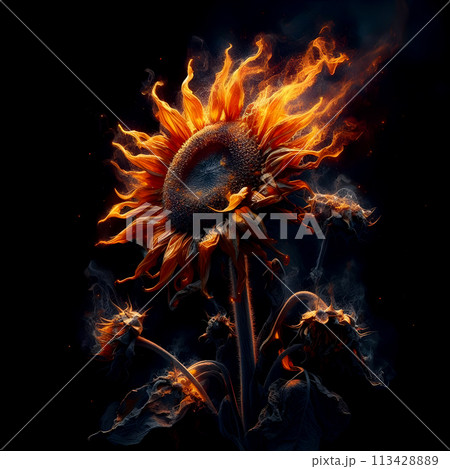 Sunflowers withered and burning on a black...のイラスト素材 [113428889] - PIXTA