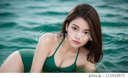海で水着姿でキメ顔するロングヘアの女性 113428975