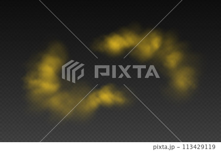 Yellow smoke, colorful fog, realistic smog, haze, mist or cloudiness effect. 113429119