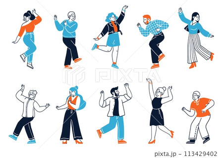 Happy diverse people characters dancing isolated set 113429402