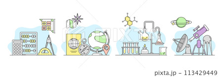 Science Study and Knowledge Discovery and Development Line Vector Set 113429449
