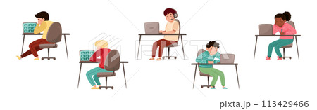 Home Schooling with Children at Desk with Computer Vector Set Home Schooling with Children at Desk with Computer Vector Set 113429466