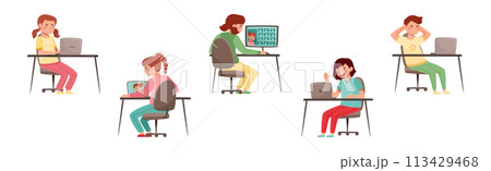 Home Schooling with Children at Desk with Computer Vector Set Home Schooling with Children at Desk with Computer Vector Set 113429468