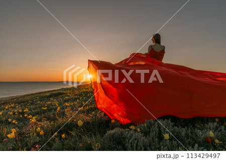 A woman in a red dress is standing in a field with the sun setting behind her. She is reaching up with her arms outstretched, as if she is trying to catch the sun. The scene is serene and peaceful. A woman in a red dress is standing in a field with the sun setting behind her. She is reaching up with her arms outstretched, as if she is trying to catch the sun. The scene is serene and peaceful. 113429497