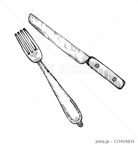 Illustration. Vector illustration. Cutlery, knife and fork drawn in black vector on a white background. Suitable for paper printing, menus, recipes, scrapbooking and design. 113429835