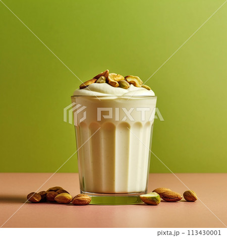 Creamy yogurt topped with pistachios in a bowl. Creamy yogurt topped with pistachios in a bowl. 113430001