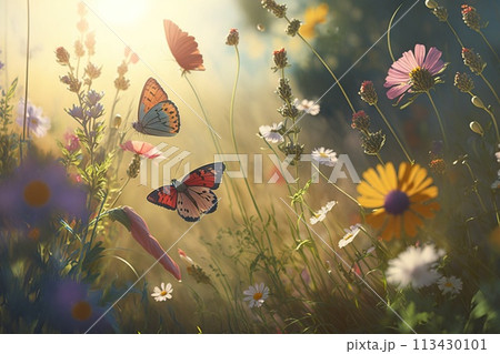 Butterflies fly over field colorful flowers on a sunny day, wallpaper. AI generated. 113430101