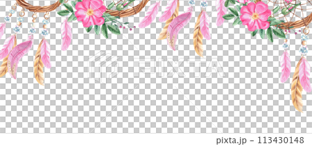Dream catcher banner with beads, crystals, dog rose flowers and pink and beige feathers. Watercolor horizontal frame, border. Hand drawn illustration. Perfect as a web banner, card and invitation 113430148