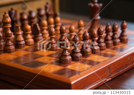 The classic board intellectual game of chess. game positions. Wooden figures. AI generated. The classic board intellectual game of chess. game positions. Wooden figures. AI generated. 113430315
