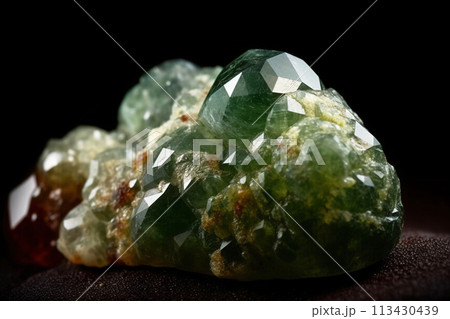 Diopside is a rare precious natural stone on a black background. AI generated. Header banner mockup with space. 113430439
