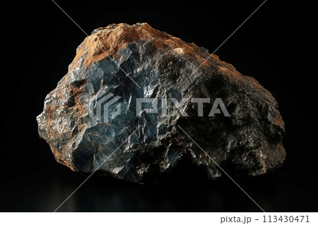 Stromeyerite is rare precious natural stone on black background. AI generated. Header banner mockup with space. 113430471